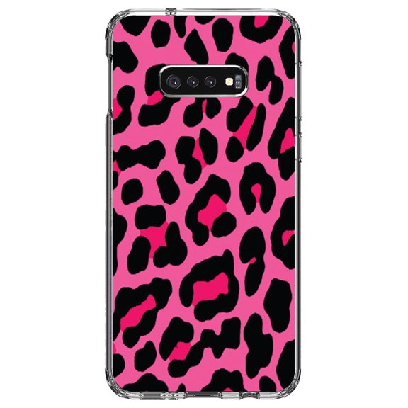 DistinctInk Clear Shockproof Hybrid Case for Samsung Galaxy S10e (5.8" Screen) - TPU Bumper, Acrylic Back, Tempered Glass Screen Protector - Hot Pink Black Leopard Skin Spots