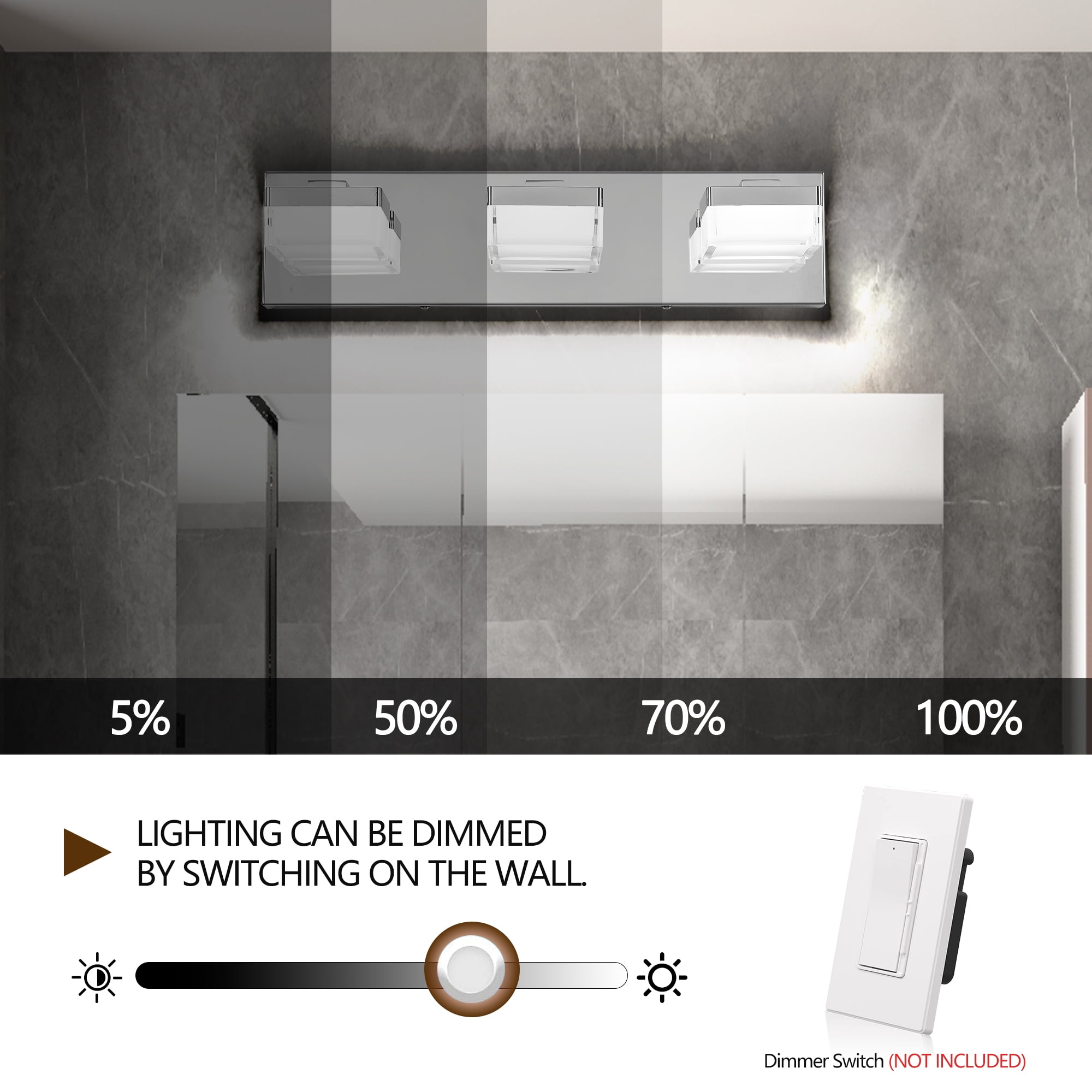 3-Light LED Vanity Light, 18.1 Inch Dimmable Bathroom Light Fixtures Over Mirro 6000K, Polished Chrome Modern