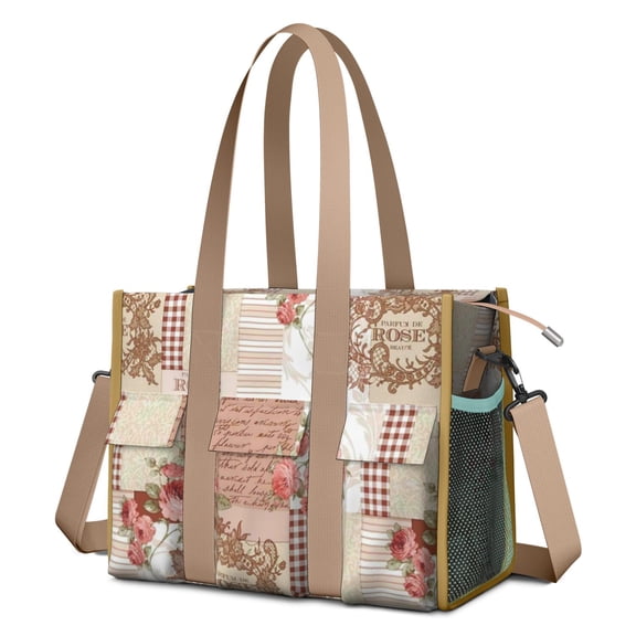 Teacher Tote Bag,Pioneer Flower Floral Print Pattern Teacher Utility Tote Bag,Large Work Tote Bags for Women with Multiple Pockets,Top Zipper Closure,13.8x10.6x6.7 Inch