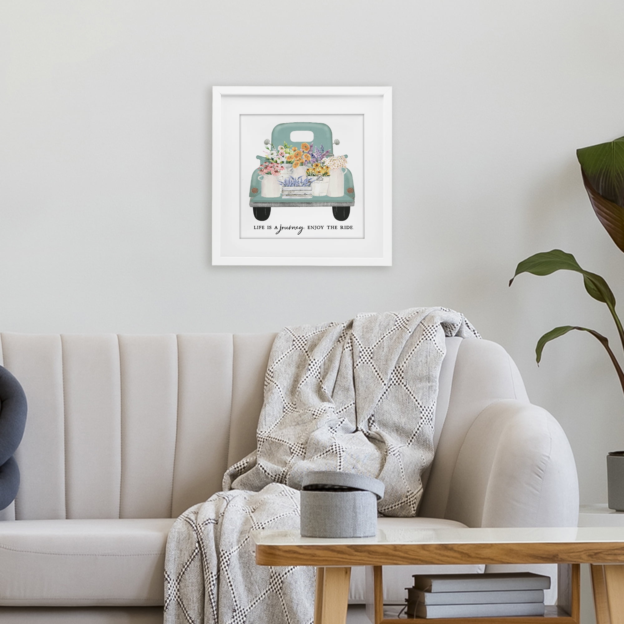 Enjoy Ride Floral Truck White Framed Print Under Glass, design by Lettered and Lined