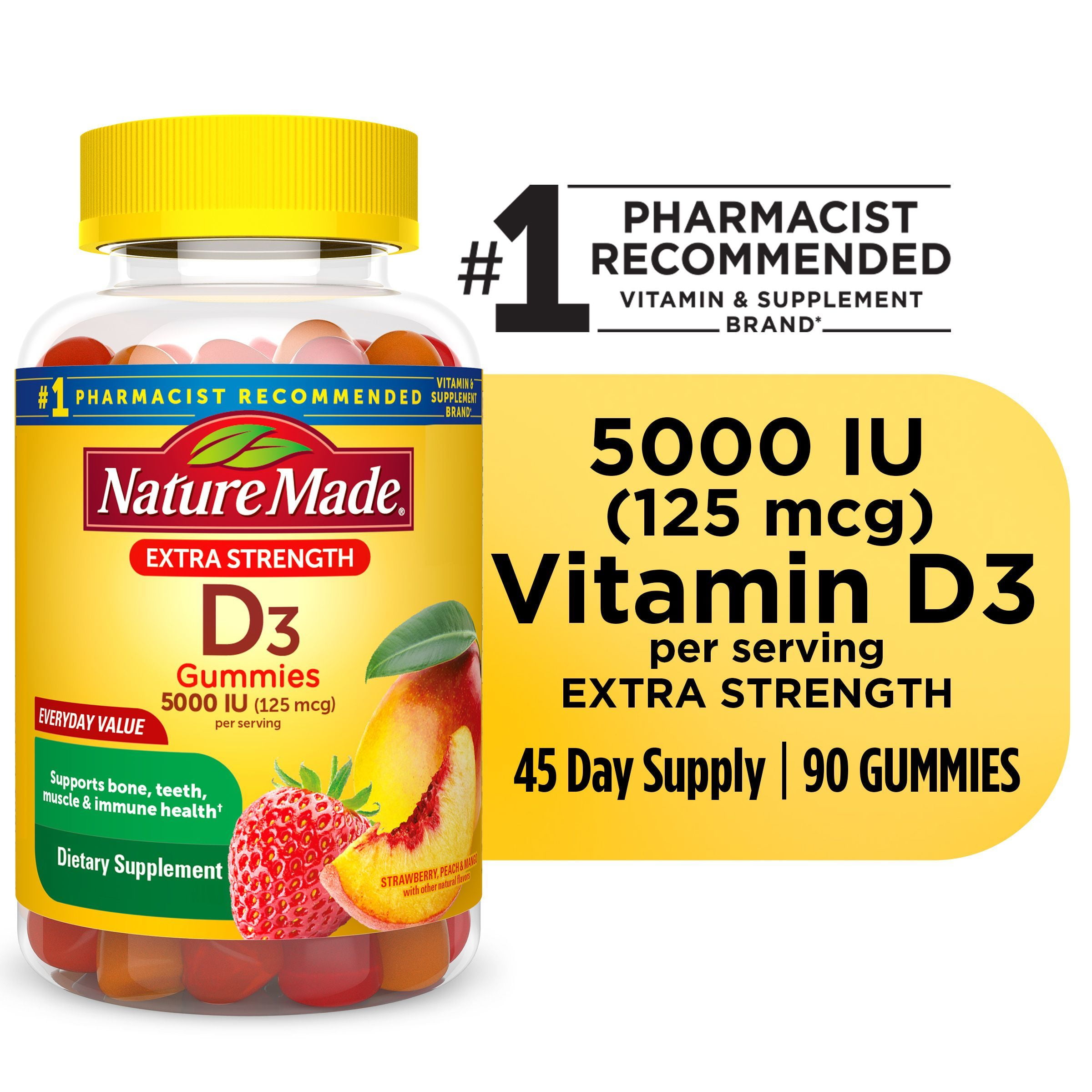 Nature Made Extra Strength Vitamin D3 5000 IU (125 mcg) Per Serving Gummies, Dietary Supplement, 90 Count