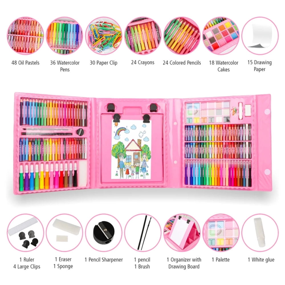 Wiher 208 Pcs Portable Drawing Art Kit, Kids Painting Supplies Set with Oil Pastels Crayons Colored Pencils Etc, Easy to Clean Safe Ingredients for Kids and Teenagers Birthday & Christmas Gift(Pink)