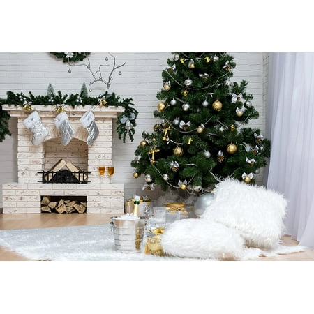 ABPHOTO Polyester 7x5 White Christmas Backdrops Window Tree Fireplace Livingroom Xmas Themed Photography