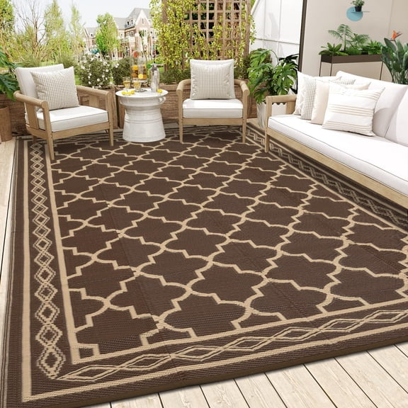 9x18ft Brown Coffee Large Waterproof Reversible Outdoor Patio Rug