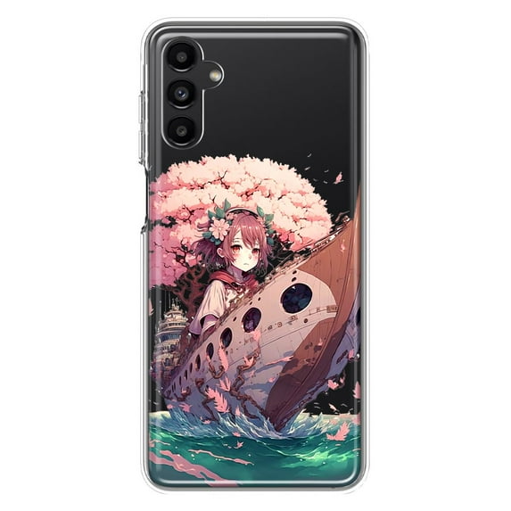 MUNDAZE Samsung Galaxy A13 Shockproof Clear Hybrid Protective Phone Case Kawaii Manga Pink Cherry Blossom Japanese Girl Boat Cover