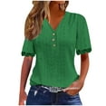 thumbnail image 2 of Otntypg Casual Button V Neck Plain T-Shirts for Women Lightweight Dressy Trim Short Sleeve Lace Crochet Eyelet Hollow out Tunic Tops Summer Outfit Clothes Green XXL, 2 of 7