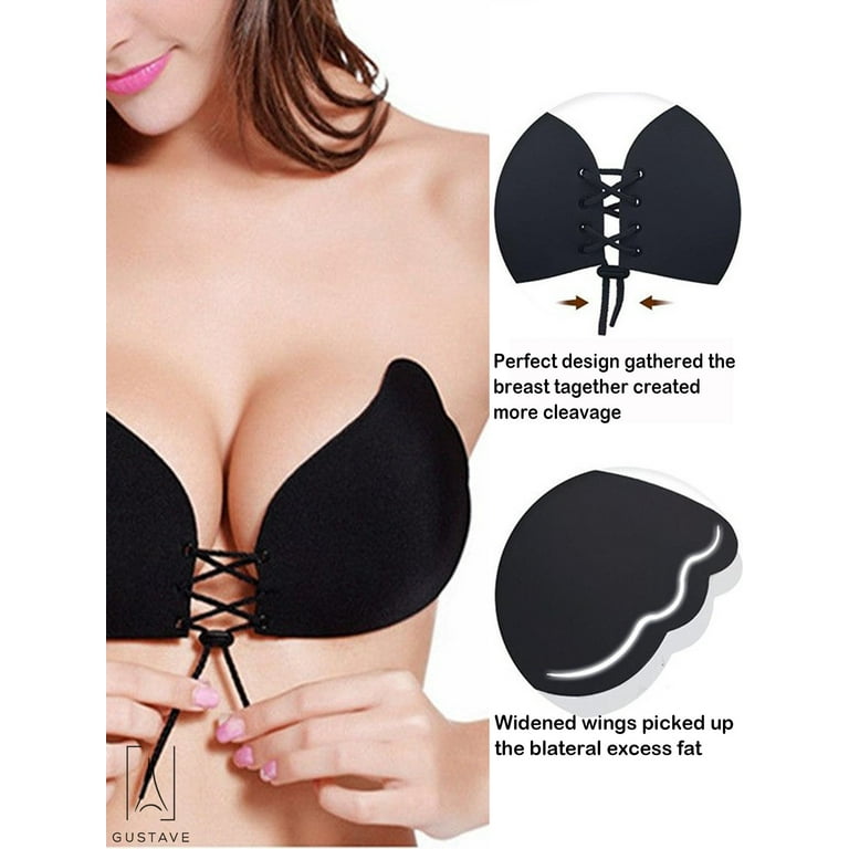 GustaveDesign Women's Strapless Invisible Bra Push Up Self Adhesive Bra  Silicone Bras with Drawstring Sticky for Dess Wedding Party Black,C Cup 