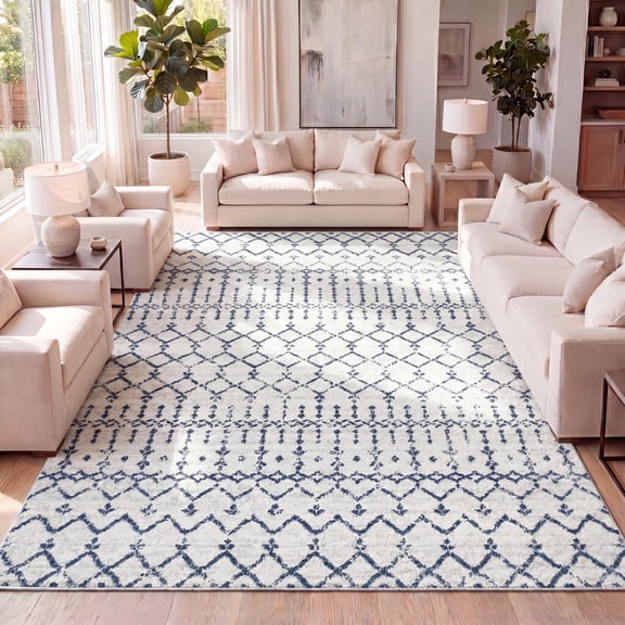 JONATHAN Y MOROCCAN HYPE 5 x 8 Area Rug, Boho Vintage Diamond - Cream/Navy, MOH101F-5