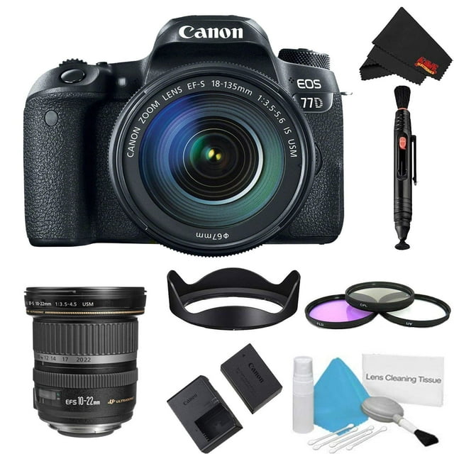 Canon EOS 77D DSLR Camera with 18-135mm Lens Bundle w/ 3 Piece Filter Kit + Bonus 10-22mm Lens (Intl Model)