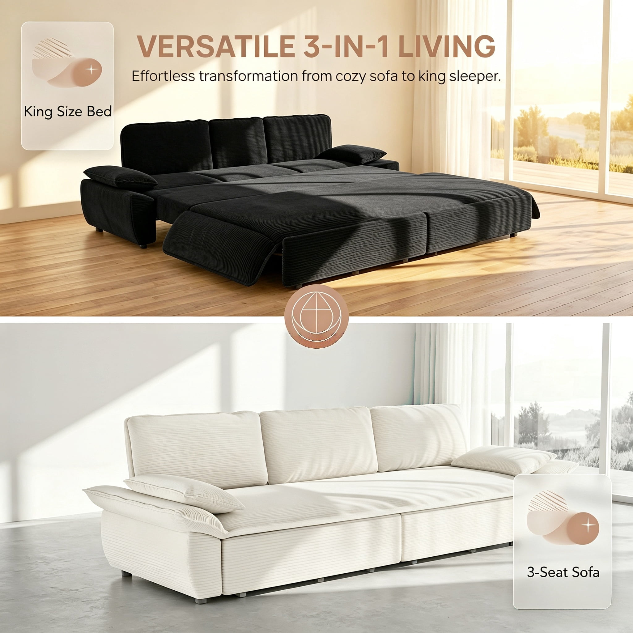 3-in-1 King Size Sleeper Sofa Bed, 94.5" Corduroy Convertible Pull Out Couch with Steel Frame, Modern Folding Lounge Sofa for Living Room, Black