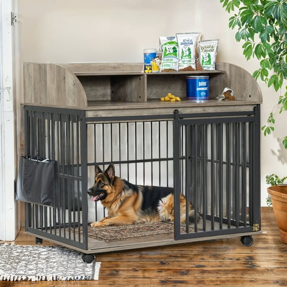 Zephypaws 44" Heavy Duty Wooden Dog Crate Furniture for Large & Medium Dogs,Lockable Wheels,Double Layer Storage,Dog Kennel End Table,Durable Pet Crate for Home Decor,Gray