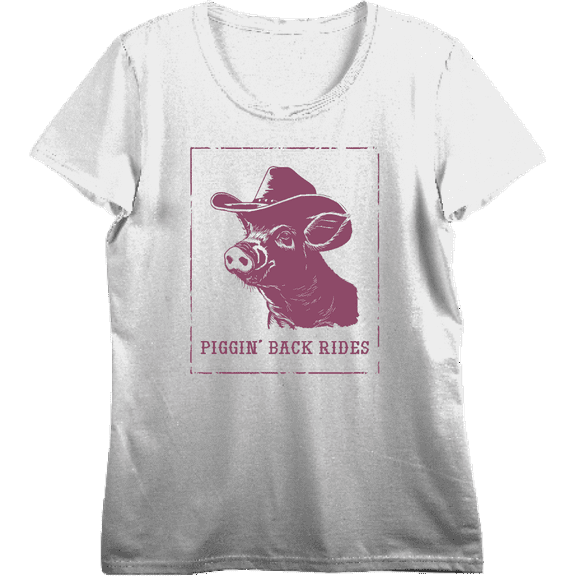 Cowboy Pig "Piggin' Back Rides" Adult Vivid White Crew Neck Short Sleeve Top-Medium