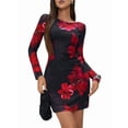 thumbnail image 2 of Robe Mini à Manches Longues pour Femmes Automne Imprimé Floral Justaucorps Cocktail Fête Boîte de Nuit Tenues Robes de Retour Noir G, 2 of 9