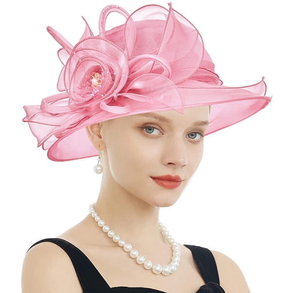 RZTA Sombrero de vestir de iglesia Kentucky Derby para mujer, ala ancha, flor de hoja, sombrero de despedida de soltera
