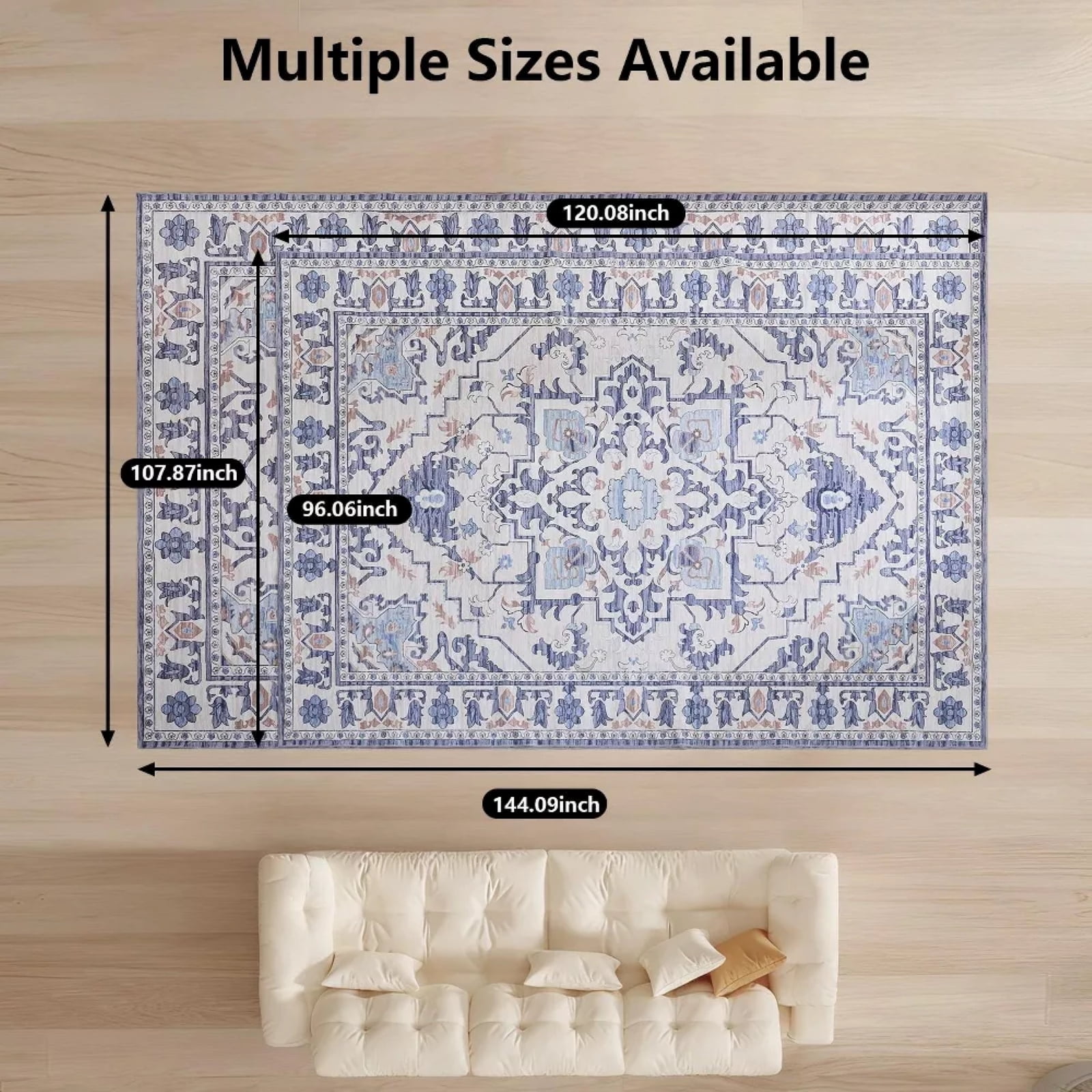Kelno 8'x10' Area Rugs Vintage Living Room Rug Washable Low Pile Indoor Carpet Non-slip Soft Rug Bedroom Dining Room, Blue