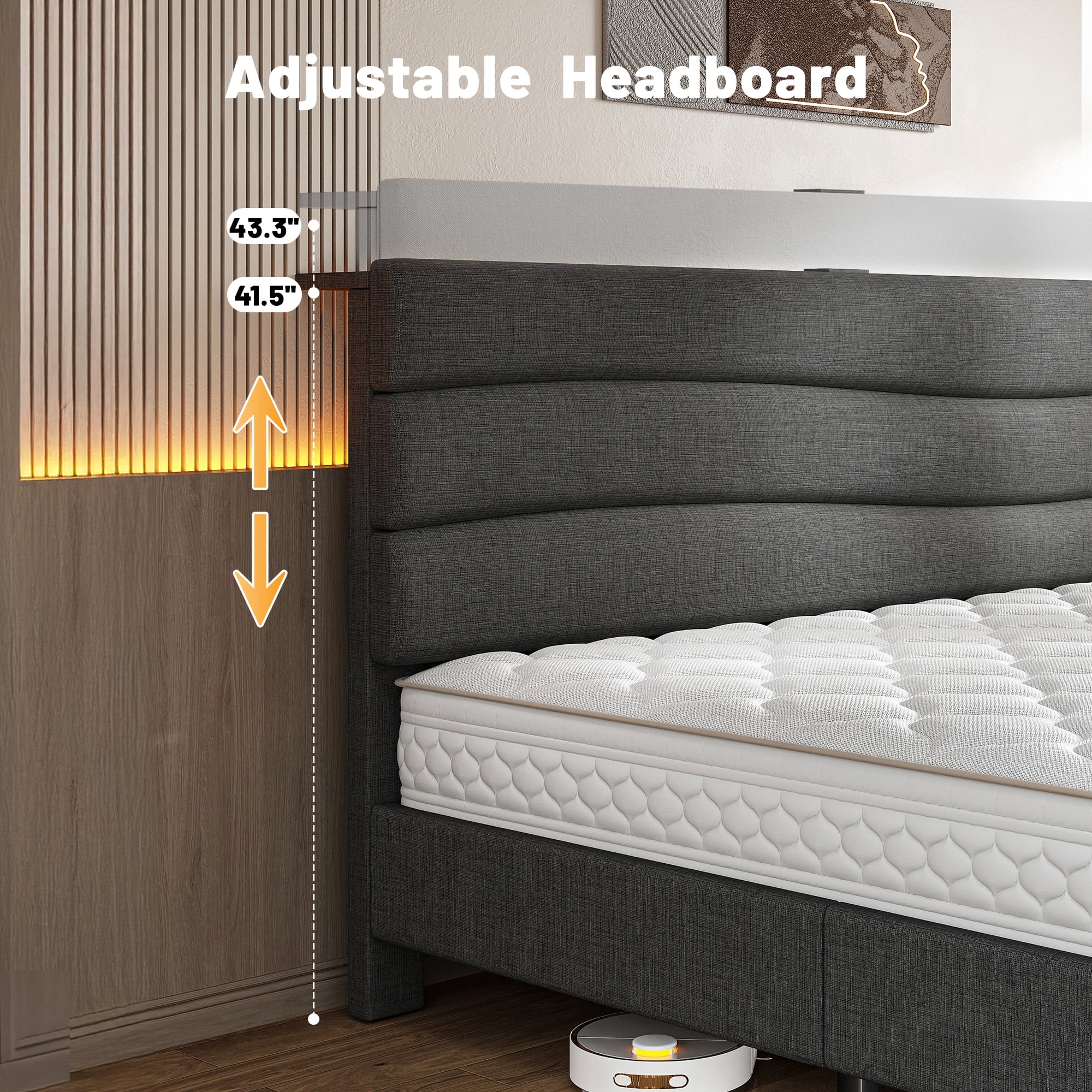 EnHomee King Size Bed Frame with Headboard Upholstered Bed Frame King with Storage King Size Bed Frame with Charge Station Gray, No Box Spring Needed, Noise Free