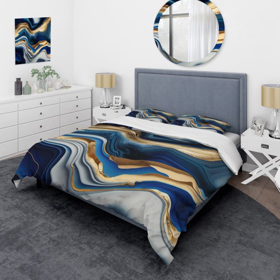 Designart "Vibrant Agate in Blue and Gold II" Modern Bedding Covert Set - Abstract Transitional Blue Abstract Bed Set With 2 Shams