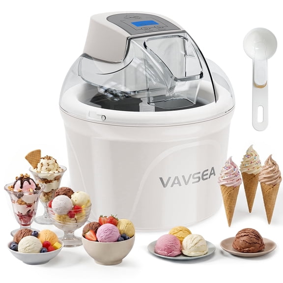 VAVSEA 1.5 Qt Ice Cream Maker with Scoop, Double-Insulated Freezer Bowl, Electric Ice Cream Machine Easy Make, Healthy Homemade Automatic Sobert Maker for Gelato, Frozen Yogurt, White