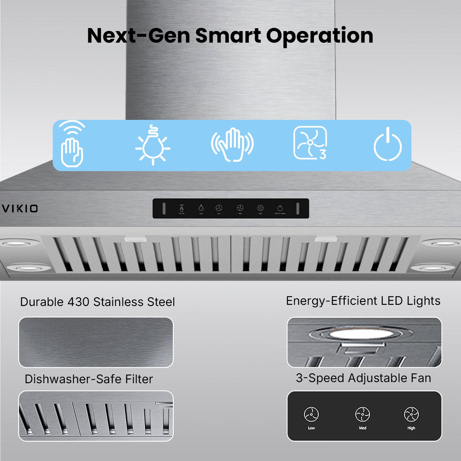 VIKIO 30 inch Island Range Hood , 450 CFM with Touch/Gesture, Convertible Ducted/Ductless, 3-Speed Fan, 2 Stainless Steel Baffle Filters