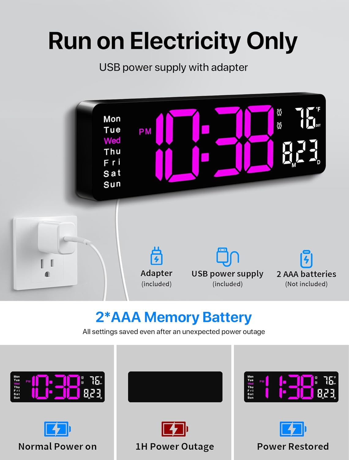 Large Digital Wall Clock with Remote Control, RGB Atmosphere Lights with 11 Scenes Mode, Dual Alarms with Big LED Display, Auto DST, Temperature for Classroom Gaming