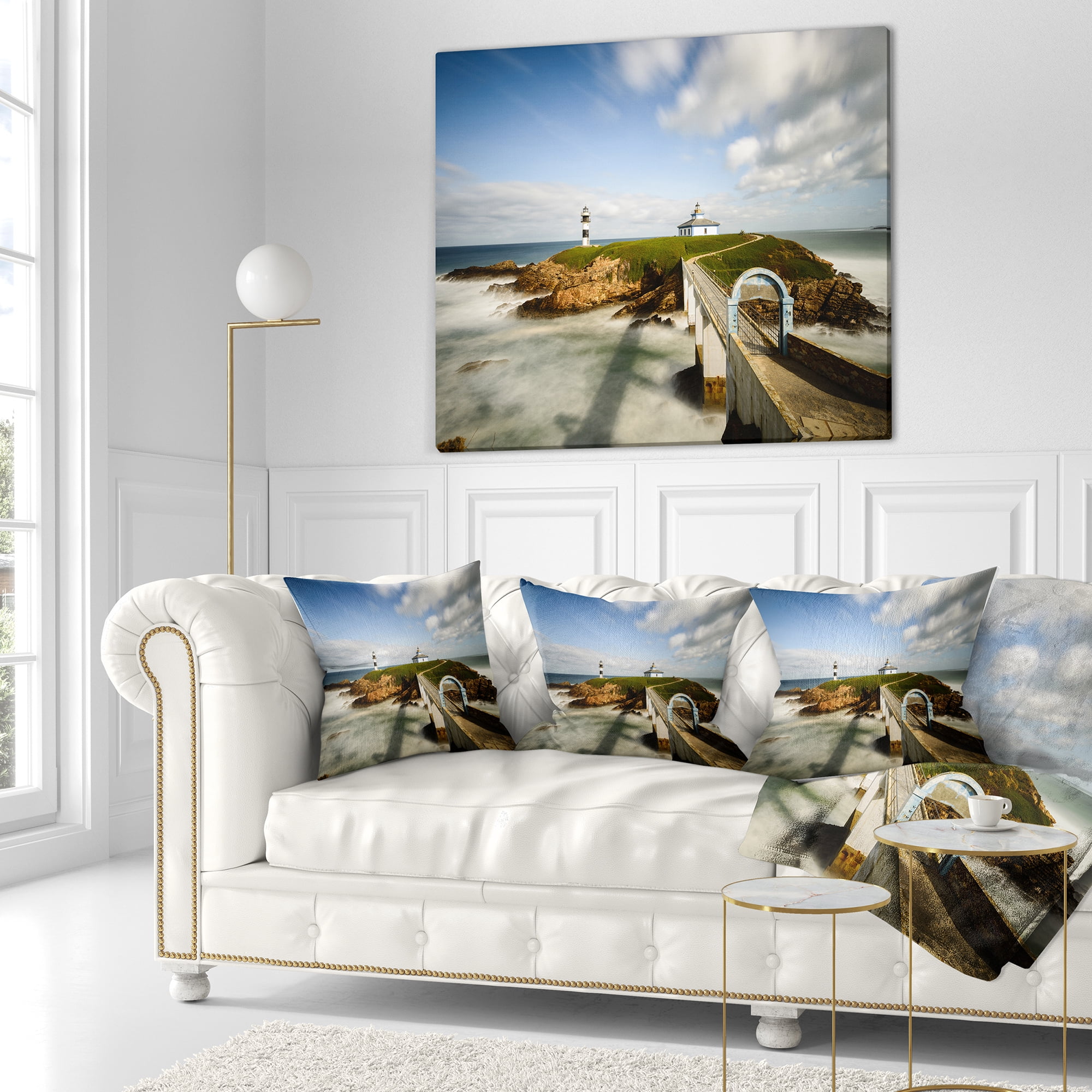 Designart Cloudy Illa Pancha Lighthouse - Seashore Photo Throw Pillow - 16x16