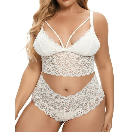 

Frehsky underwear women Plus Size Lingerie V Neck High Waist Floral Lace Criss Cross Bra And Panty 2 Piece Set No Underwire White