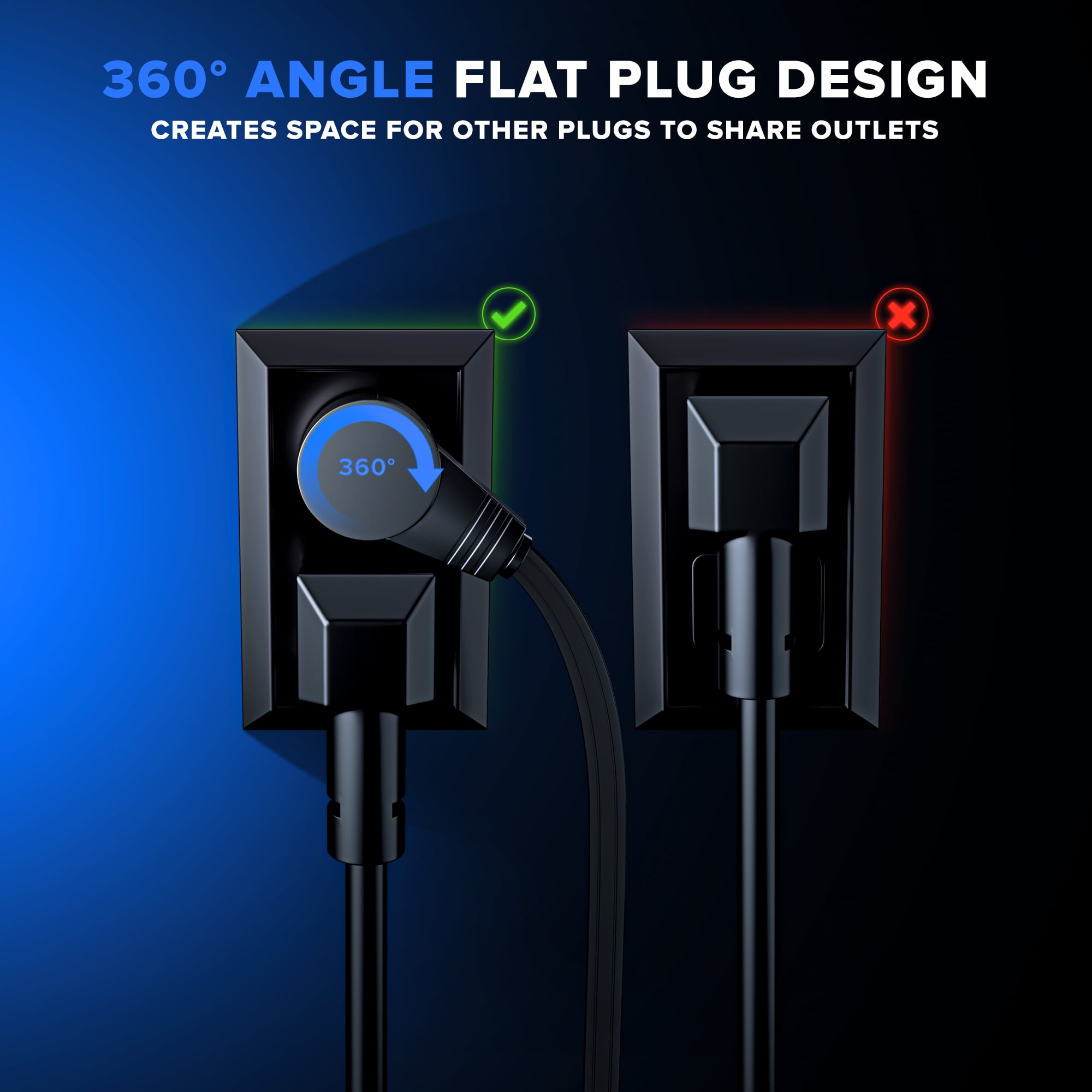 360° Rotating Flat Plug Extension Cord with USB Ports and a Removable Hook Black Extension Cord 1 ft (16 Gauge) UL Certified