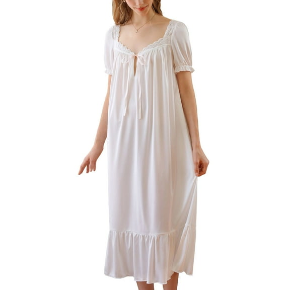 Defitshape Women's Cute Victorian Nightgown Princess Old Fashioned Vintage Soft Oversized Comfy Thin Sleeping Cool Mid Calf Pajamas Dress Night Gown White Large