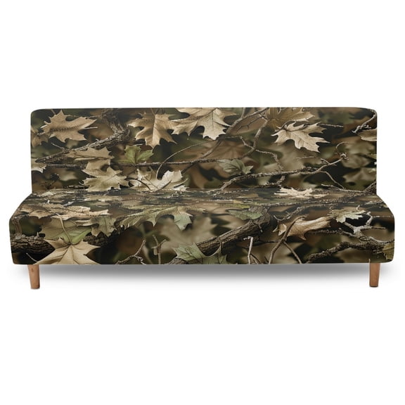 Xoenoiee Hunting Camo Print Stretch Futon Slipcover Armless Futon Bed Cover Furniture Protector Without Armrests with Elastic Bottom for Kids, Soft Jacquard Fabric Armless Futon Cover