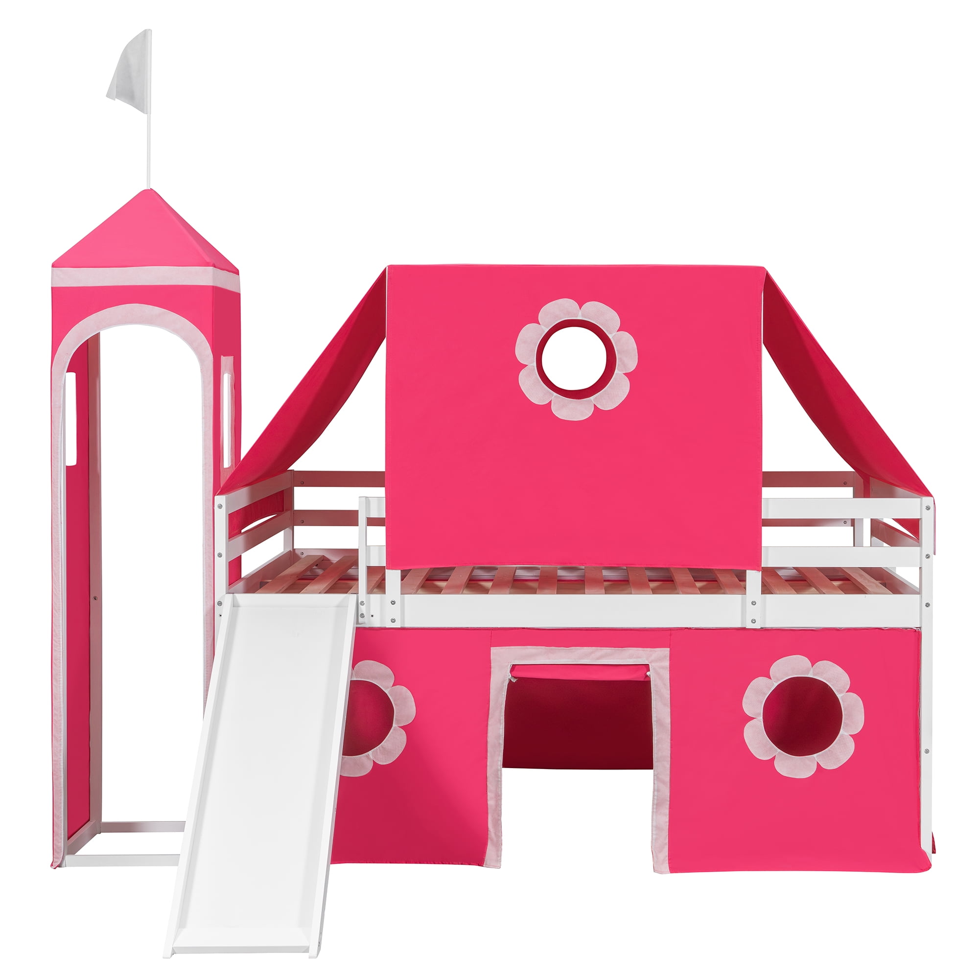 Aukfa Full Size Loft Bed with Slide - Princess Castle Bed with Tent and Tower for Kids Girls - Pink