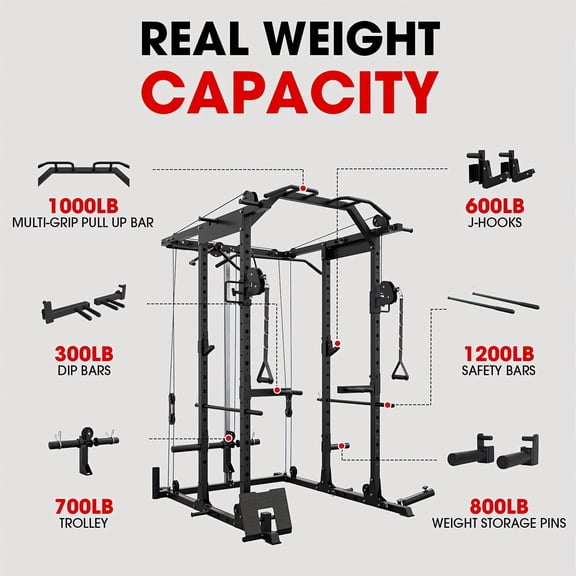 8-In-1 Power Rack Cage with 1500Lb Capacity And Cable Crossover Machine - Physical Therapy Approved Squat Rack with J-Hooks, Dip Bars, Landmine - Adaptive Strength Training System for Home Gyms