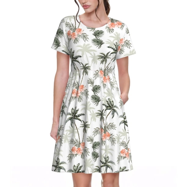 Balery Vintage Palm Trees Vestidos sueltos de manga corta para mujer, vestidos de verano 2025, vestidos casuales de corte A con vuelo.