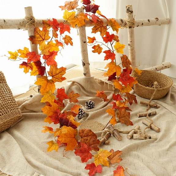 FAMTKT Fall Garland Holiday Fall Garland 2M Maple Leaf Rattan Cane Artificial Fall Leaves for Thanksgiving Halloween Decorations Wall Ceiling DIY Decor
