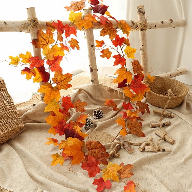 RKSTN Cloth Rattan Cane Holiday Fall Garland 2M Maple Leaf Rattan Cane Artificial Fall Leaves for Thanksgiving Halloween Decorations Wall Ceiling DIY Decor Fall Decorations for Home