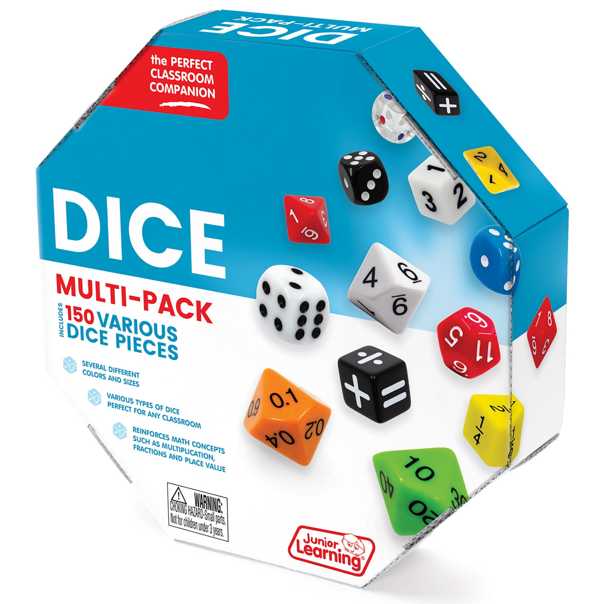 Junior Learning: Dice Multi-Pack - 150 Various Pieces - Multiple Sizes & Values, Math Concepts-Fractions-Equations, Use For Kids Play & Learning Games
