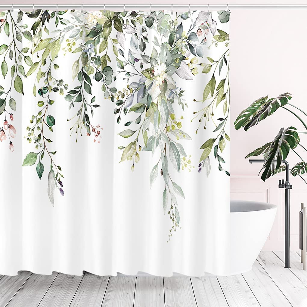 Eucalyptus Shower Curtain Sets, Watercolor Leaves on The Top Plant with Floral Bathroom Decoration 72x72 Inch with Hooks