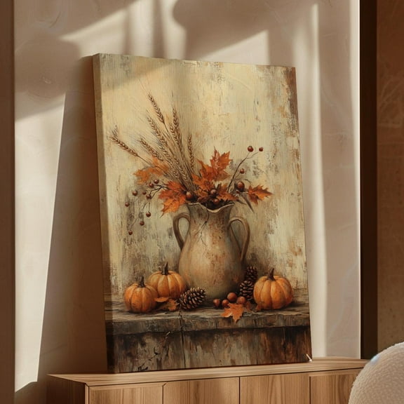 Velto Rustic Fall Vase Canvas Art Harvest Pumpkin and Wheat Autumn Leaves Seasonal Farmhouse Wall Decor, SIZE 8x10 INCLUDE Pine Wood Frame 1.25-Inch