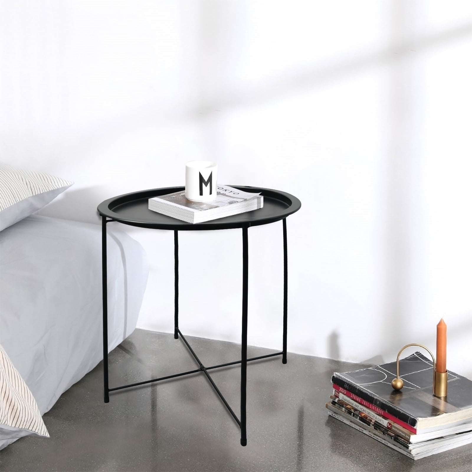 Voilamart Small Sofa End Table Round Metal Foldable Tray Side Coffee Snacks Table With Storage
