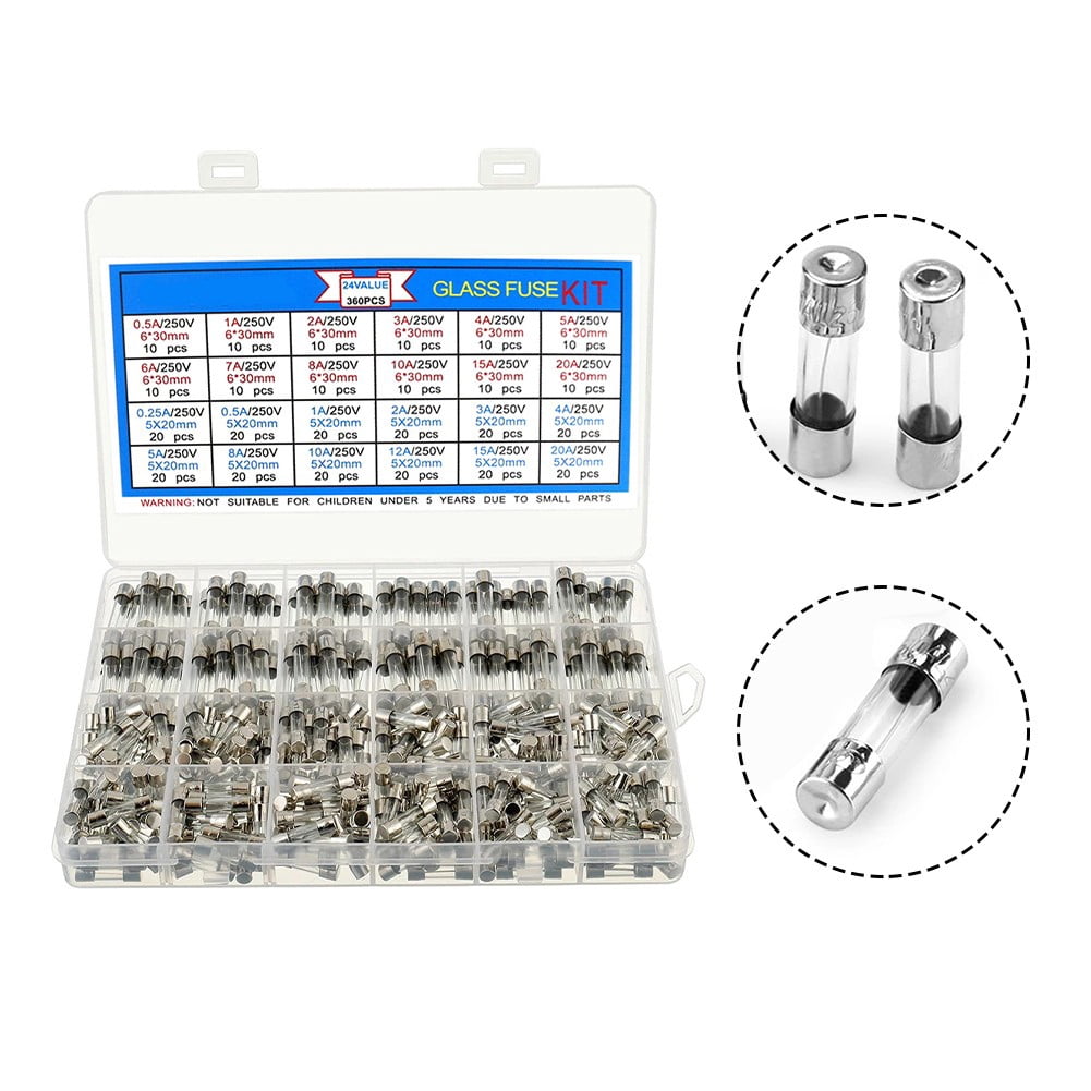360pcs Fast Blow Glass Fuse Assortment Kit 24 Values Fuses Kit Tube Fuses Sets