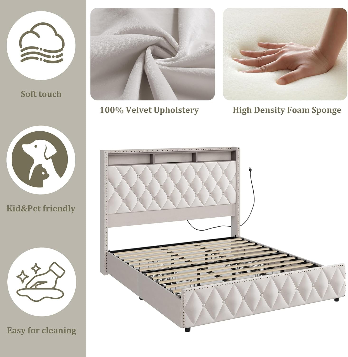 Full/Queen/King Size Platform Leather Upholstered Bed Frame - 50.8in Tall Headboard, 4 Storage Drawers, USB Charging Station & LED Lights, No Box Spring Needed