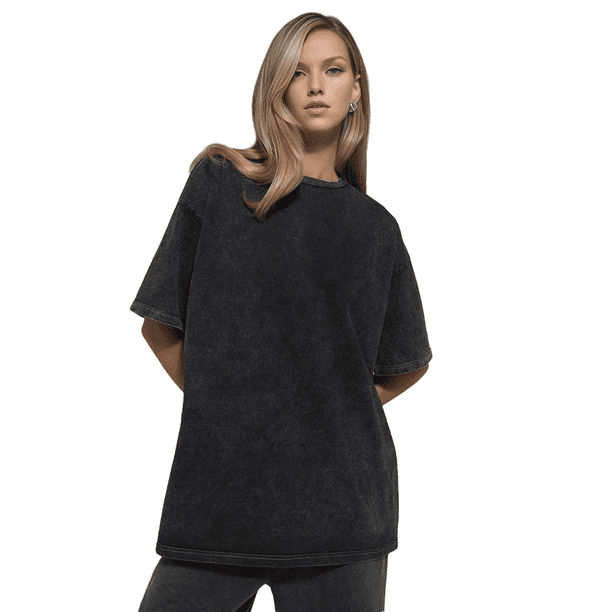 Camisetas Oversize para Mujer, Camisetas Vintage de Algodón, Cuello Redondo, Corta, Túnicas Lavadas de Verano. Negro 4XL