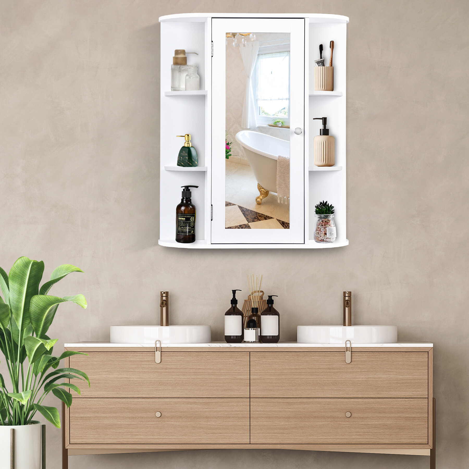 HomGarden Mirror Door Wall-Mount Bathroom Cabinet, Medicine Cupboard White, 6.5 W