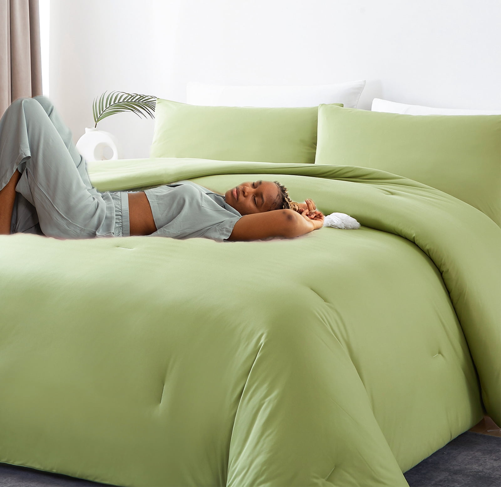 MorroMorn Green Comforter Set Queen Size, 4 Pieces All Season Bedding Sets, Soft Bed Set with 1 Down Alternative Duvet Insert 90×90 Inches, 2 Pillow Cases & 1 Fitted Sheet (Queen, Avocado Green)