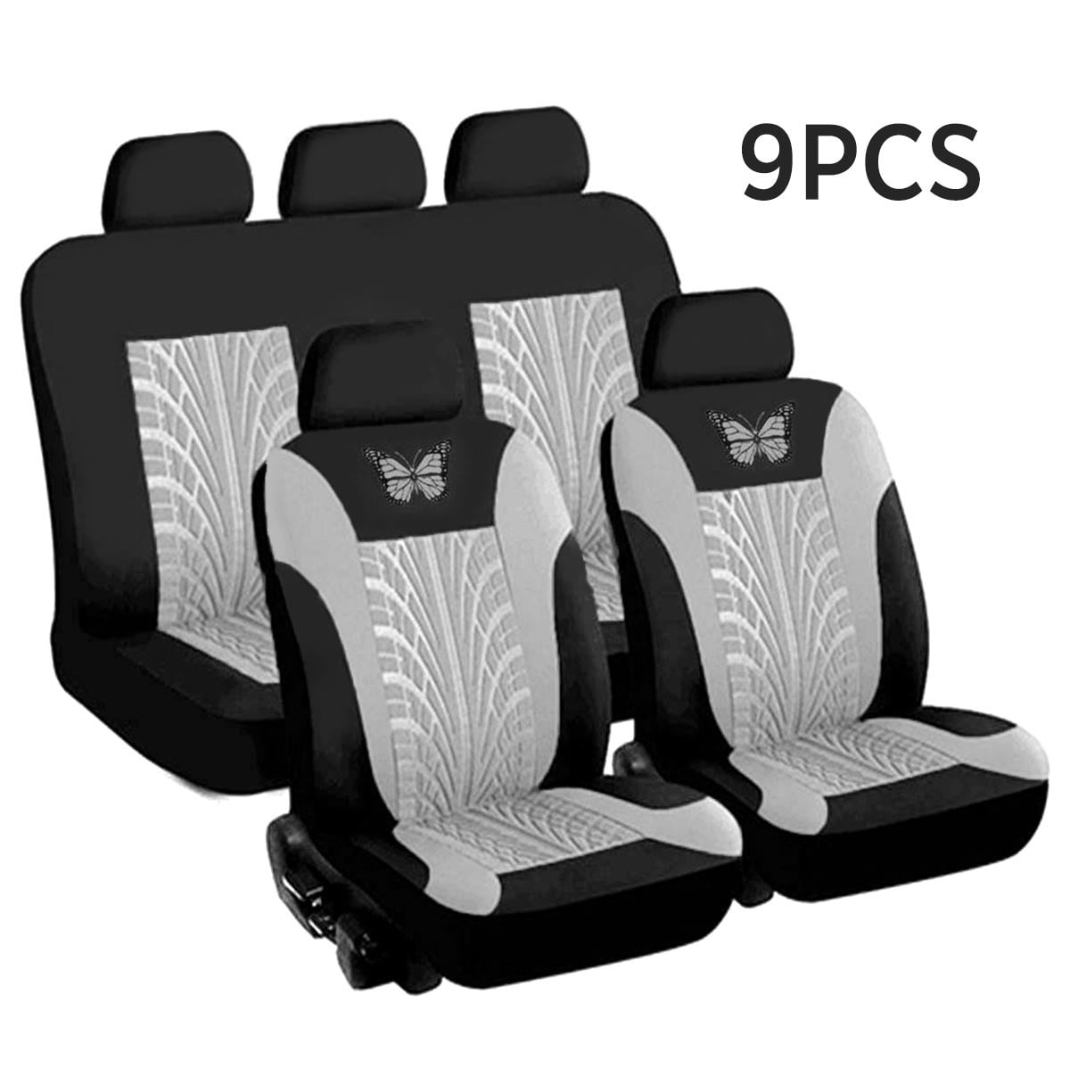 9PCS Universal Car Seat Covers Full Set Protector Cushion Front Rear 3D Butterfly Embroidery Pattern, Grey