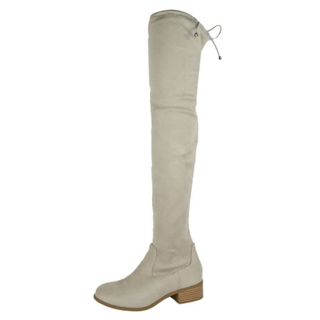 

Soda Yah Over the Knee Thigh High Round Toe Low Heeled Zipper Riding Boots Back Laces Beige Light Clay 7