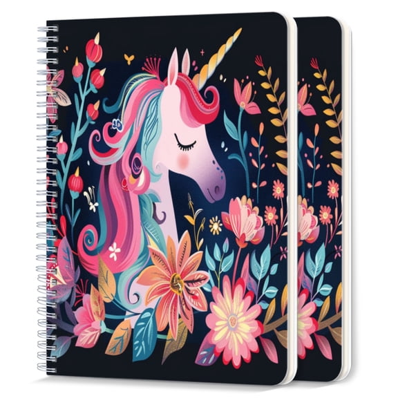 Spiral Notebook,College Ruled Journal,8.26" x 5.71" 50 Sheets/100 Pages,2 Pack - Adorable Unicorn Surrounded By Flowers