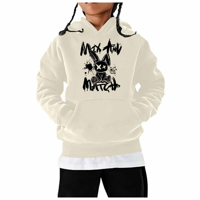 GDREDA Spring Crewneck Sweatshirt Children's Long Sleeved Cartoon Rabbit Print Hoodie Beige,4-5 Years