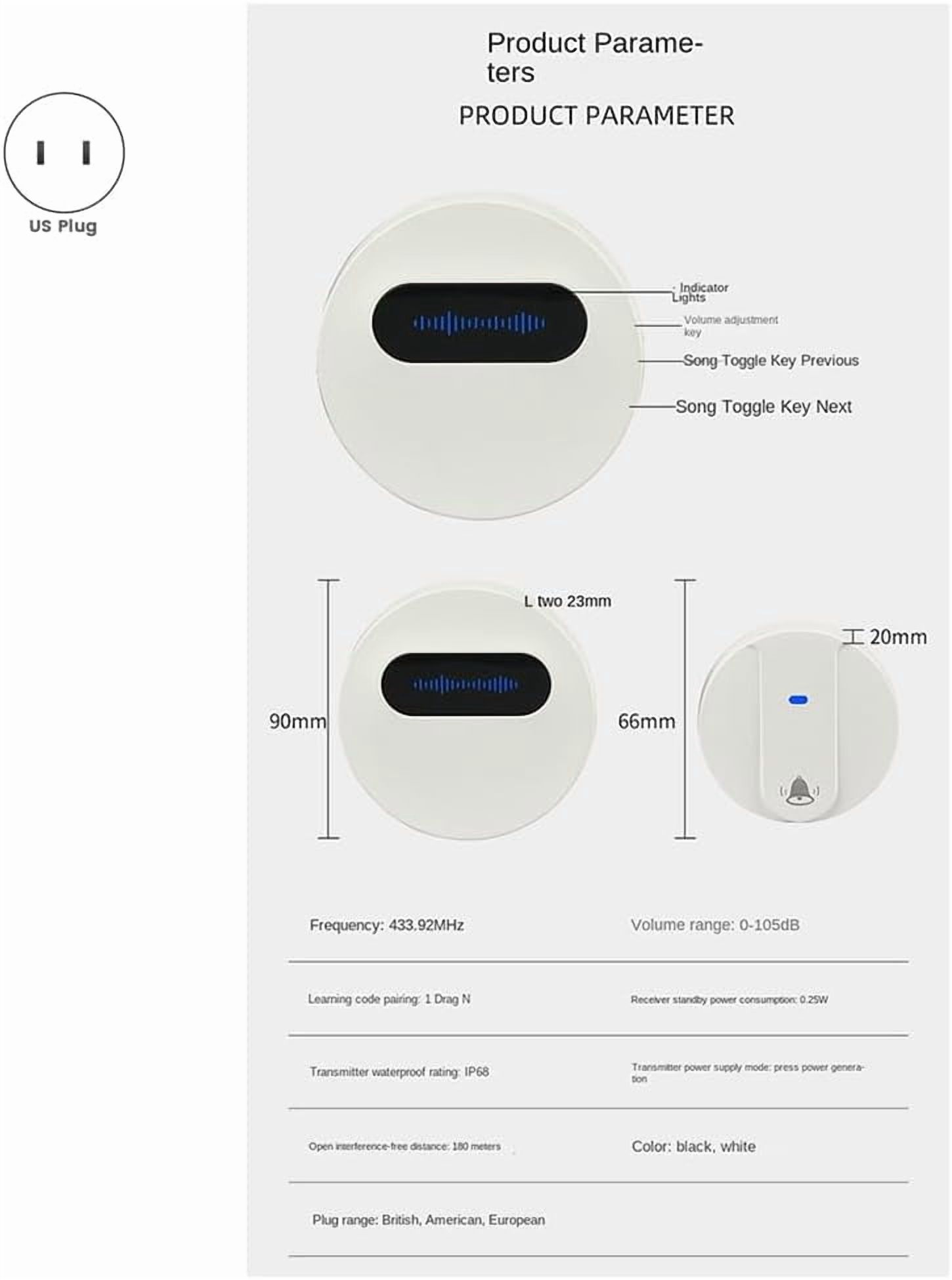 Wireless Doorbell Waterproof Smart Doorbell IP68 Home Door Bell Intelligent 58 Songs 4-Level Volume Control, White