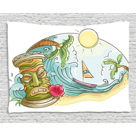 Tiki Bar Decor Tapestry, Circular Frame with Tropical Accents Cartoon Beach Tiki Statue Illustration, Wall Hanging for Bedroom Living Room Dorm Decor, 60W X 40L Inches, Multicolor, by