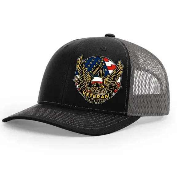 Veteran Eagle Emblem Hat, Patriotic Military Trucker Cap, Black and Gray Snapback, Memorial Day Apparel, Father's Day Gift for Veterans and Soldiers